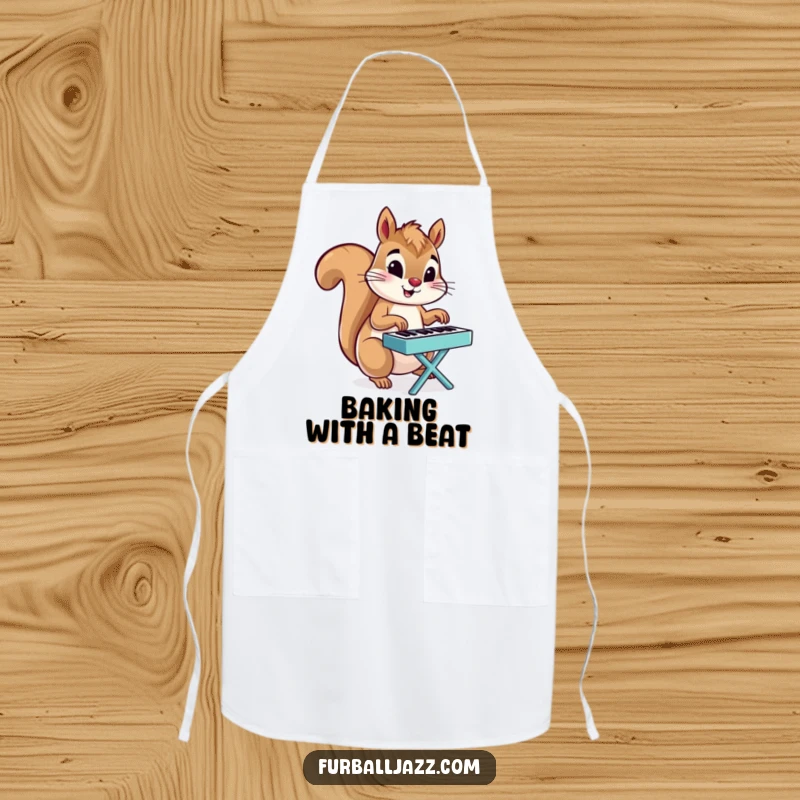 Funny Squirrel apron showing a squirrel energetically playing a tiny piano, a humorous and practical kitchen accessory.