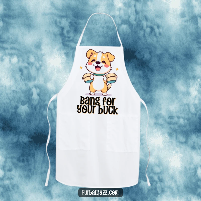 Funny dog character enthusiastically playing cymbals with a smile, ready to cook in a fun, funny apron.