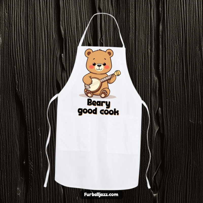 Funny Bear Banjo Apron showing a happy bear strumming a tiny banjo with pure joy, perfect for a fun cooking experience.