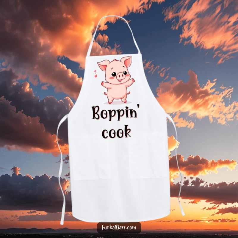 Funny Piglet wearing an apron, enthusiastically bopping its head while cooking, adding humor to kitchen activities.