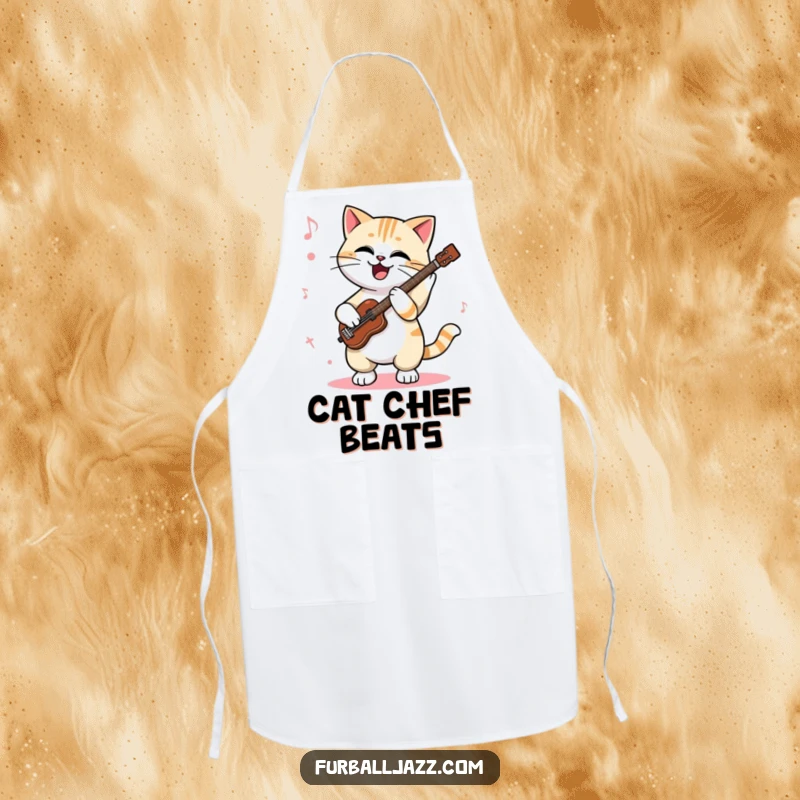 Funny cat apron showing a cool cat enthusiastically tapping its paws to a jazz rhythm, ideal for kitchen protection with a humorous musical twist.