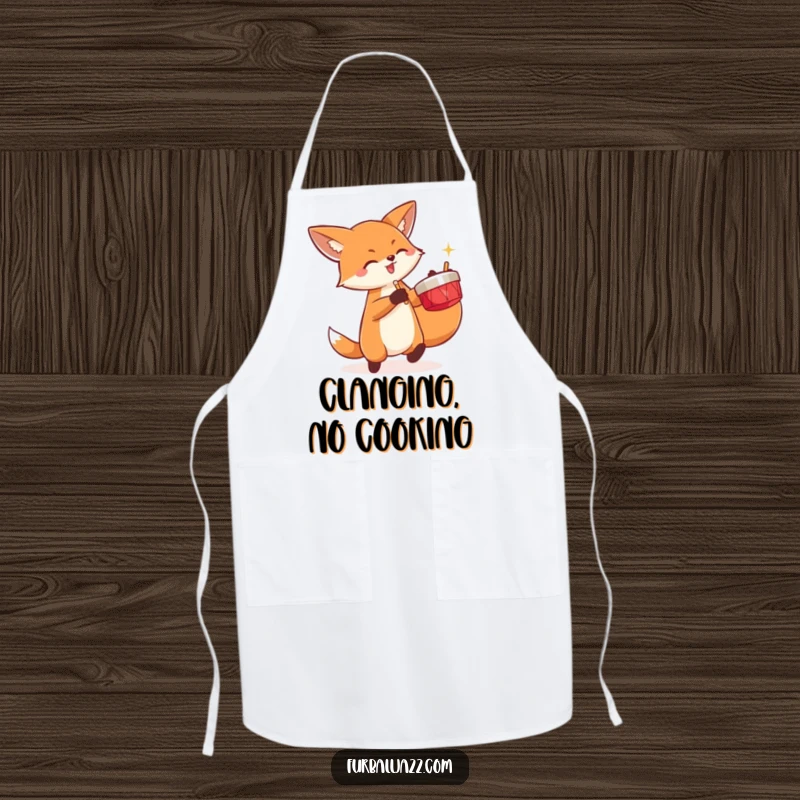 Funny fox energetically playing a pair of cymbals on a kitchen apron.