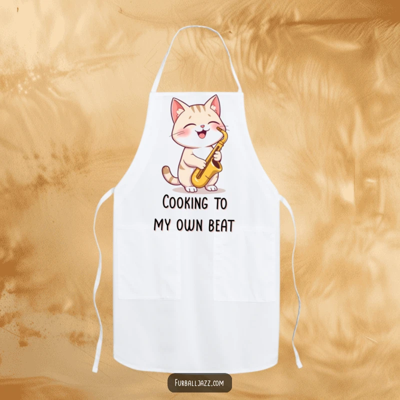 Funny Cat Saxophone Apron showcasing a joyful cat playing a saxophone, perfect for cooks who want to add a cool jazz vibe to their kitchen.