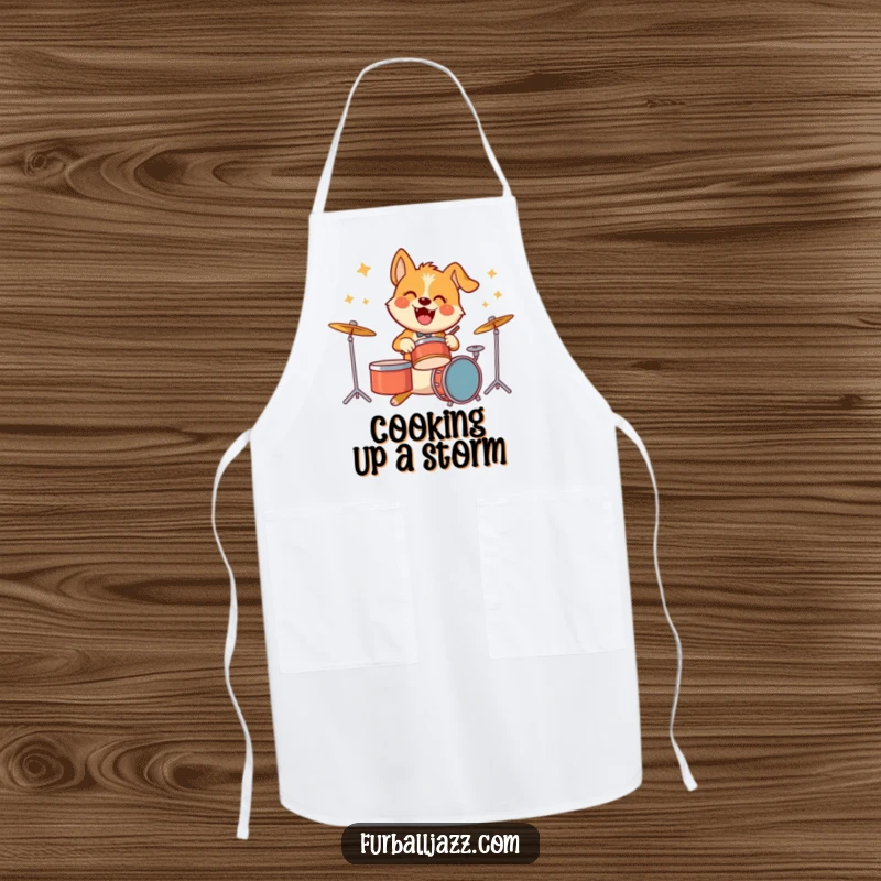 Funny apron showing an energetic dog character drumming away, adding a playful and musical touch to cooking tasks.