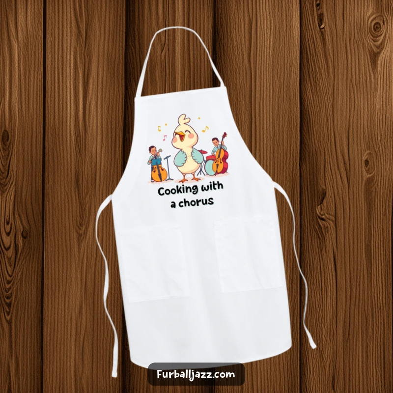 Funny apron designed with a bird happily singing with a jazz band, adding a humorous musical touch to cooking.