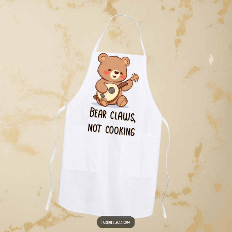Funny bear strumming a tiny banjo with a happy expression on a kitchen apron.