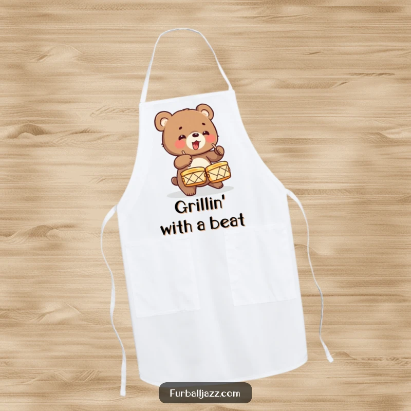 Funny Bear Cub Drummer Apron showcasing an energetic cub crashing cymbals, perfect for cooks who want to add a wild beat to their kitchen.