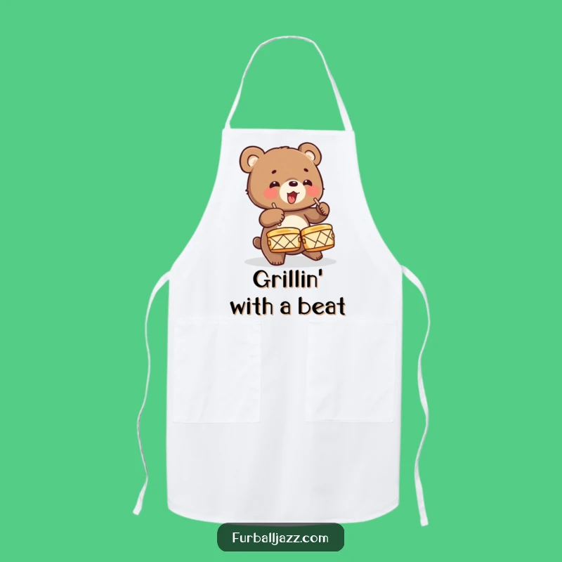 Funny Bear Cub Drummer Apron: Energetic Chef Wear, Wild Animal Music Kitchen Gift, Funny Gift