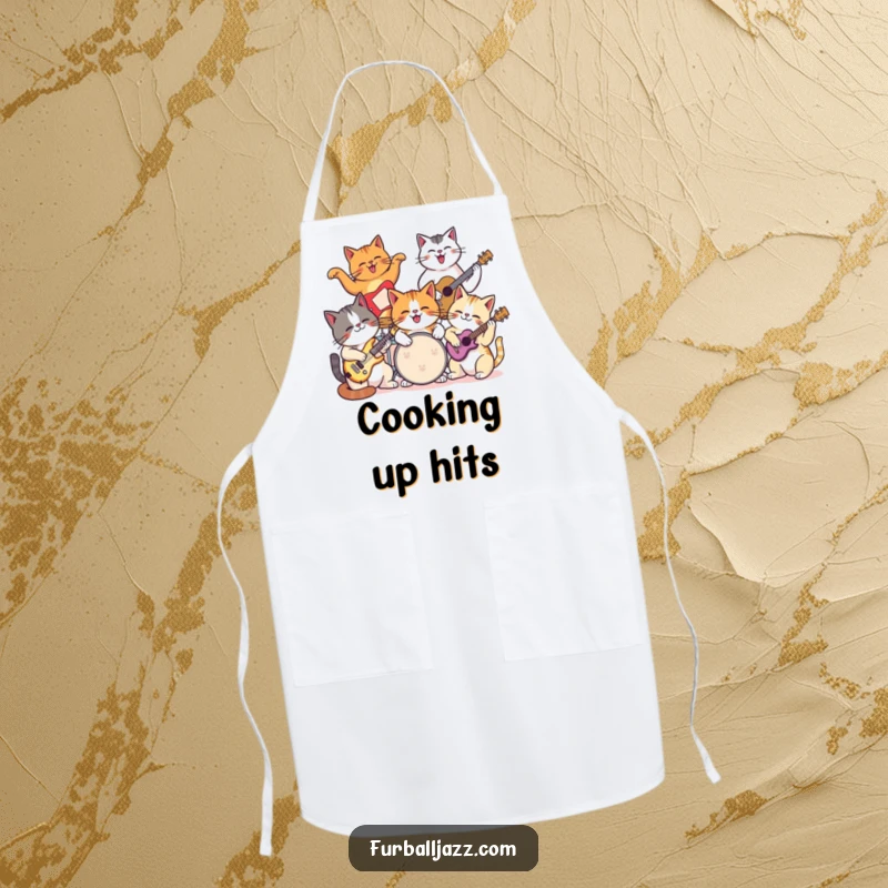 Funny cat apron featuring a group of cats joyfully playing various musical instruments in a band.