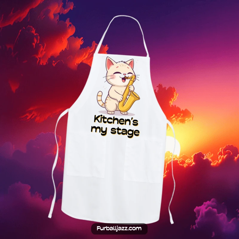 Funny Cat Saxophone Apron showing a cool cat tilting its head joyfully while playing a saxophone, perfect for a fun cooking experience.