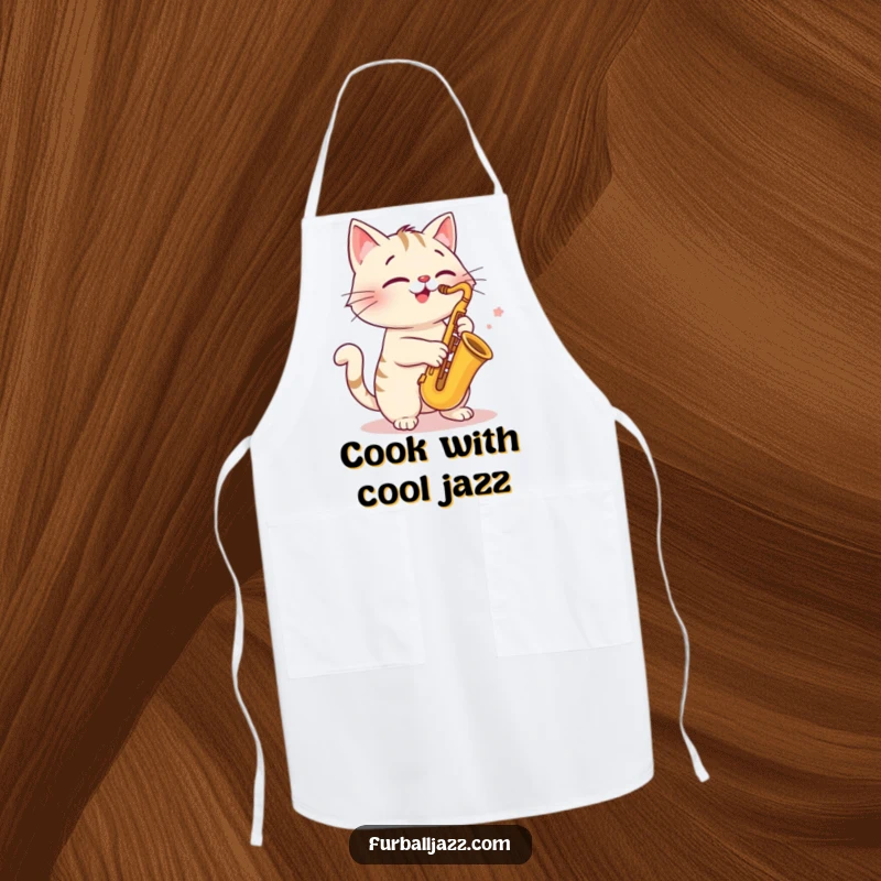 Funny cat saxophone apron, cheerfully playing music, a humorous and practical accessory for the kitchen.