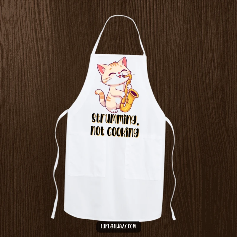 Funny cat playing a saxophone with a joyful, tilted head on a kitchen apron.