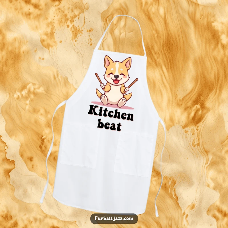 Funny dog apron showcasing an energetic character tapping drumsticks on its knees, combining kitchen practicality with cool, humorous musical style.