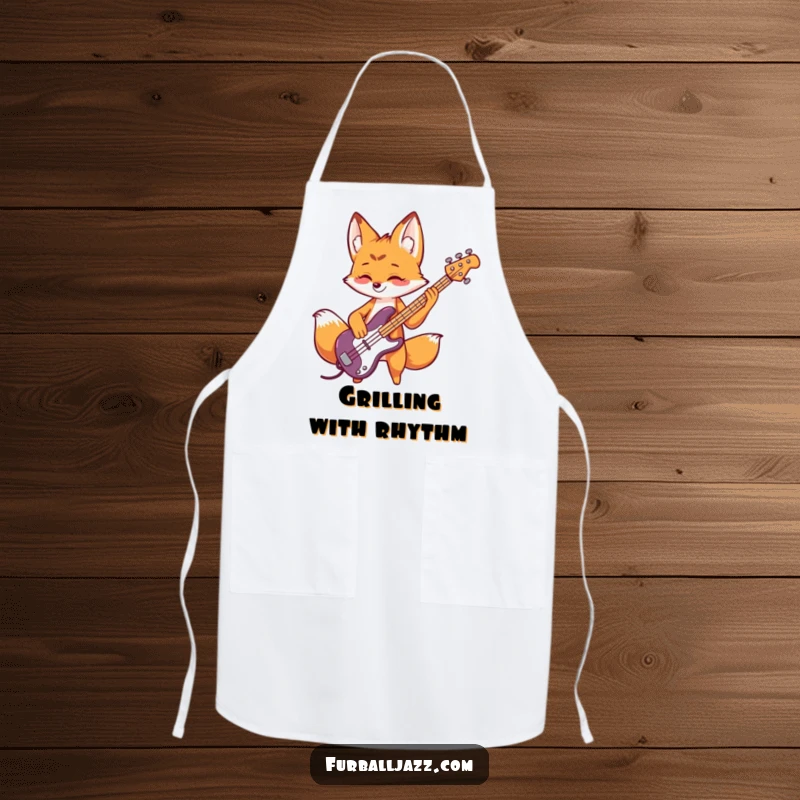 Funny fox apron showing a playful fox rocking a bass guitar, perfect for kitchen fun and protection.