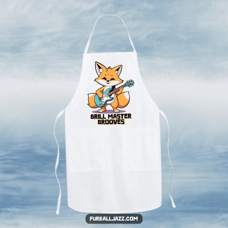 Funny fox character grooving while playing an electric guitar, a humorous apron for kitchen fun.