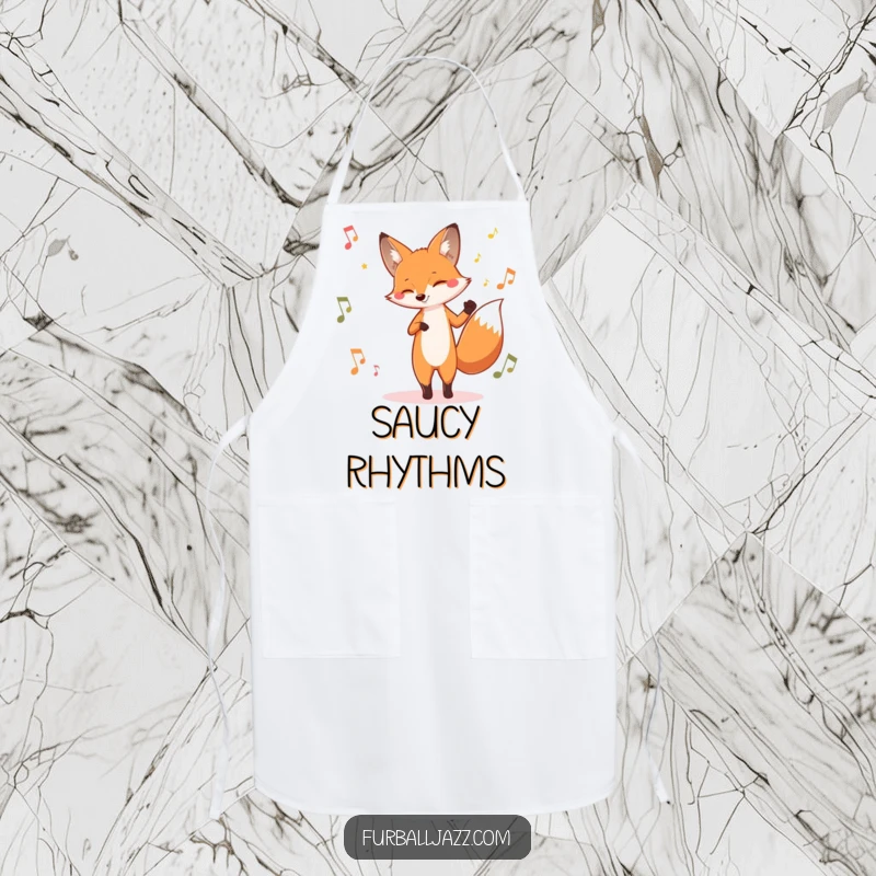 Funny fox apron showing a fox tapping its foot to jazz music, adding musical flair and humor to cooking.
