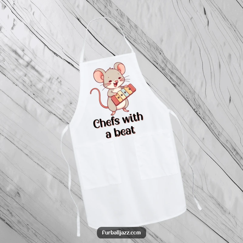 Funny apron showcasing an energetic mouse playing a xylophone, perfect for adding a musical touch to kitchen duties.