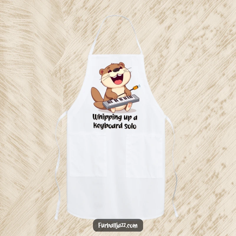 Funny otter apron featuring a playful otter jamming on a keyboard with a wide grin, bringing musical fun to cooking.