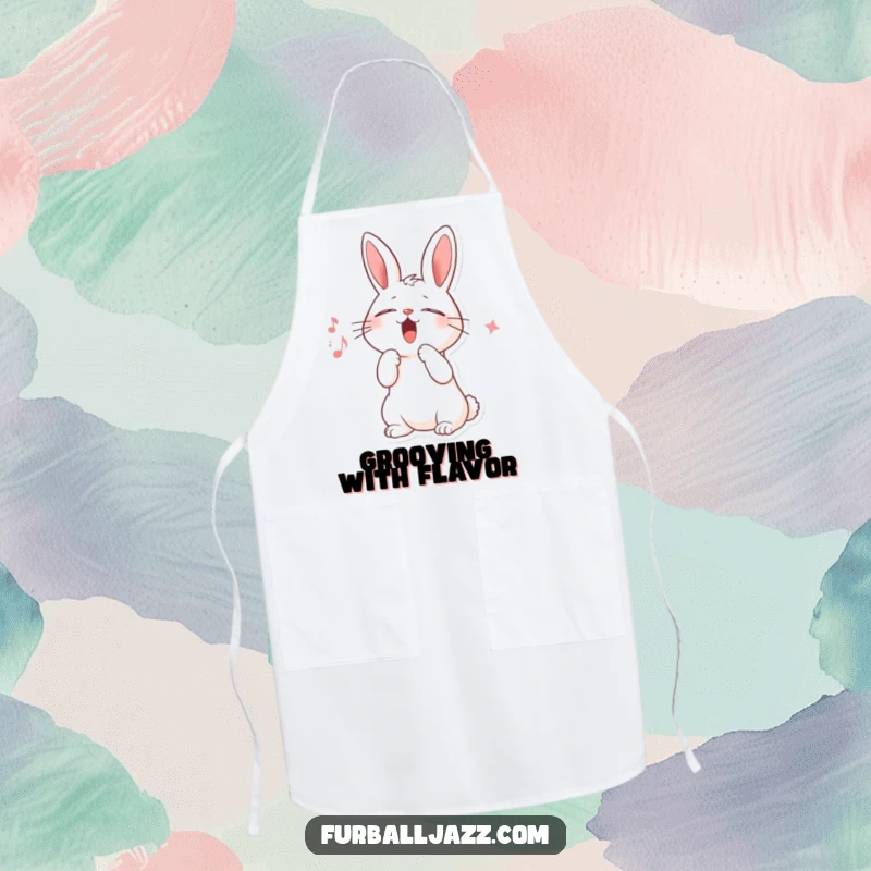 Funny apron featuring a rabbit character belting out scat, eyes closed, paw raised, ready to add musical flair to any cooking session.