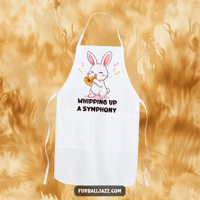 Funny Apron depicting a lively rabbit playing a trumpet, spreading cheerful musical notes while cooking or baking.