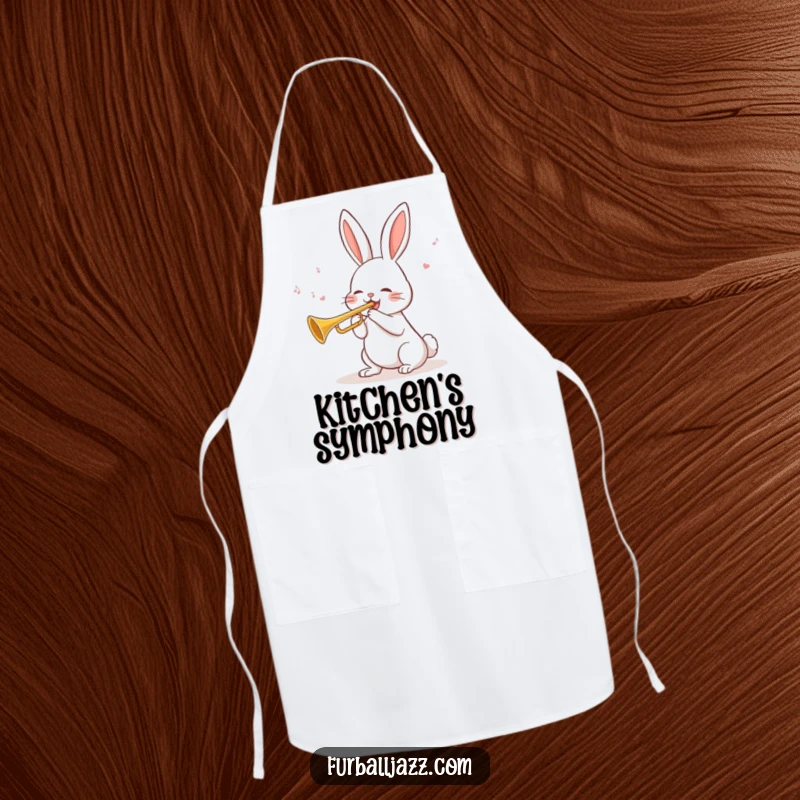 Funny Rabbit Trumpet Apron showing a cheerful rabbit blowing a tune on a trumpet, perfect for a fun cooking experience.
