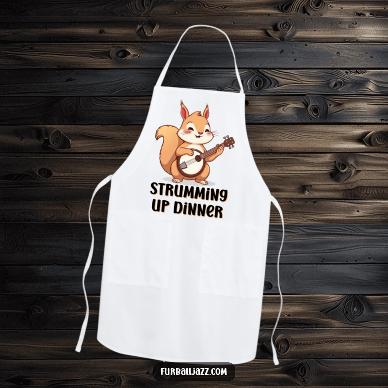 Funny squirrel playing a banjo on a kitchen apron, a humorous and functional accessory.