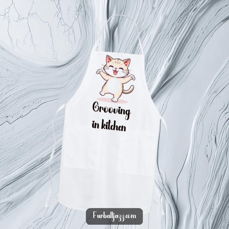Funny tap dancing cat apron, showing a cat energetically tap dancing while cooking, adding humor to kitchen tasks, a great gift.
