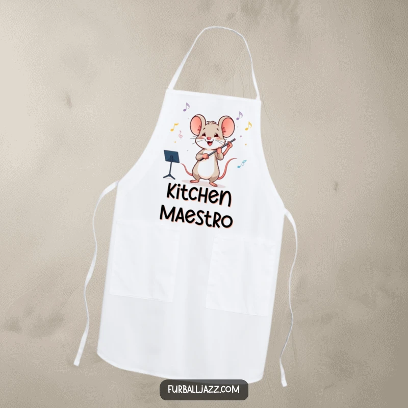 Funny mouse wearing an apron and conducting an orchestra, bringing musical humor to kitchen tasks.