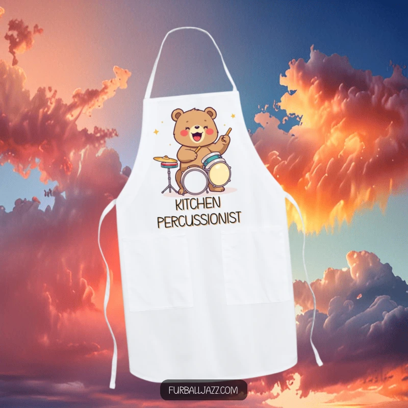 Funny bear apron showing a bear energetically playing drums, perfect for adding musical fun to kitchen duties.