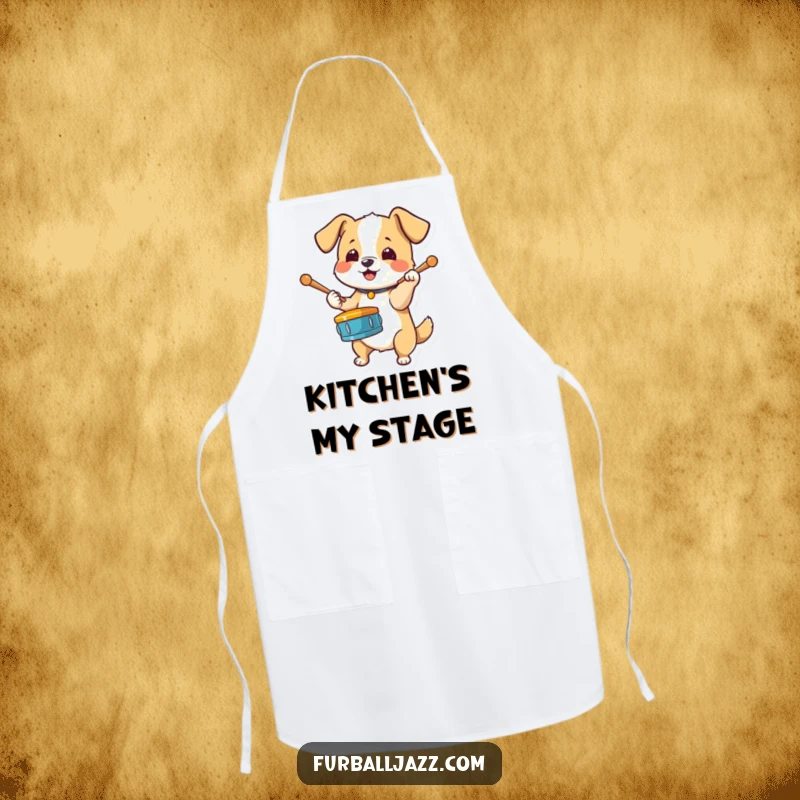 Funny Dog Drummer Apron showing an energetic dog tapping drumsticks on its paw, perfect for a fun and musical cooking experience.