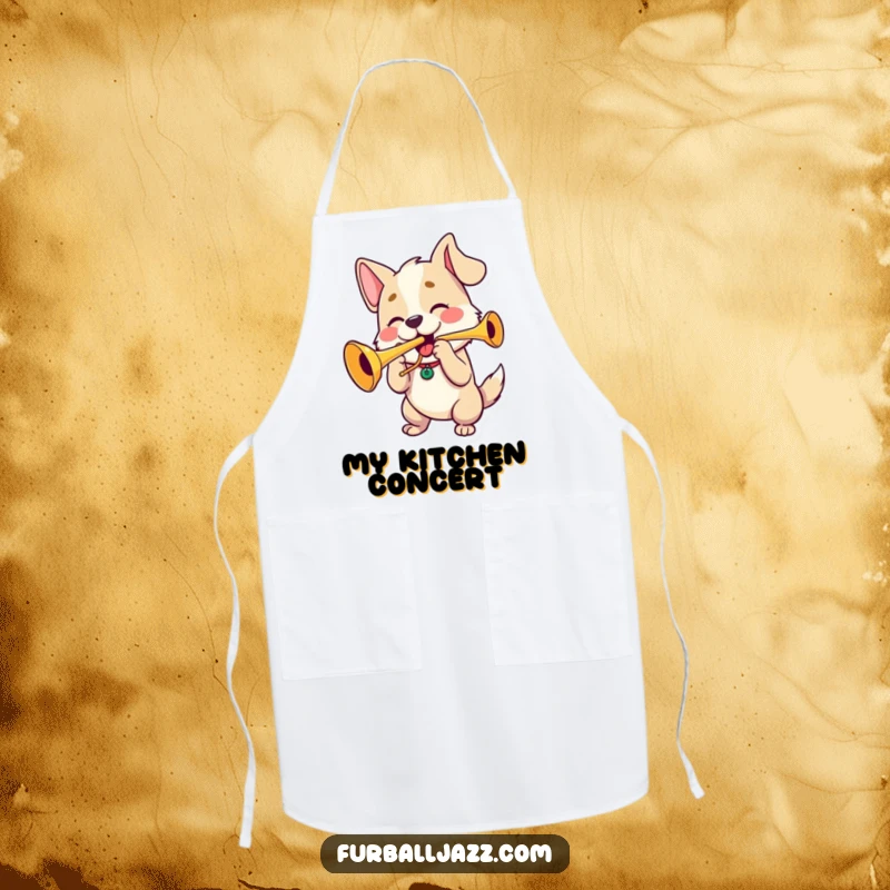 Funny dog playing a trumpet with puffed cheeks, a hilarious apron for kitchen fun.