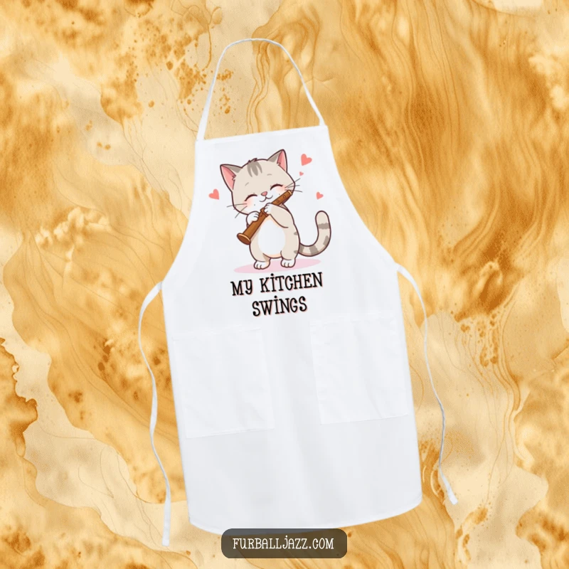 Funny Cat Apron: A stylish cat playing a clarinet with smooth rhythm, ideal for adding humor to kitchen duties. Great funny gift.