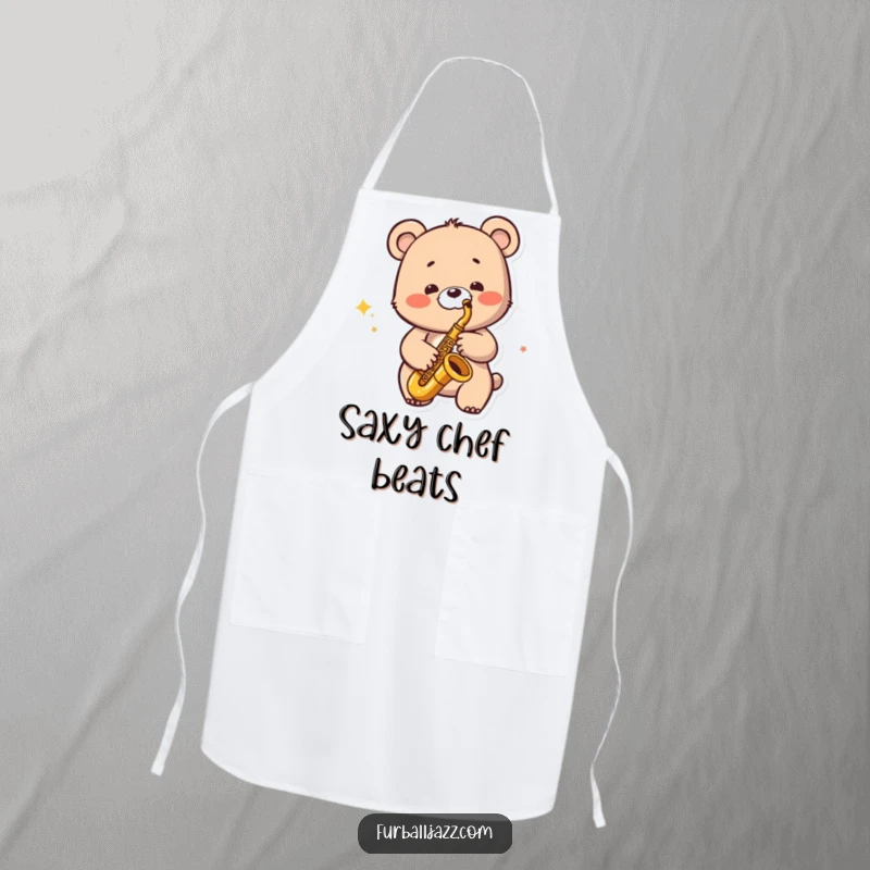 Funny Jazzy Bear Apron: A bear character playing a saxophone with a wide smile, ready for kitchen duty.