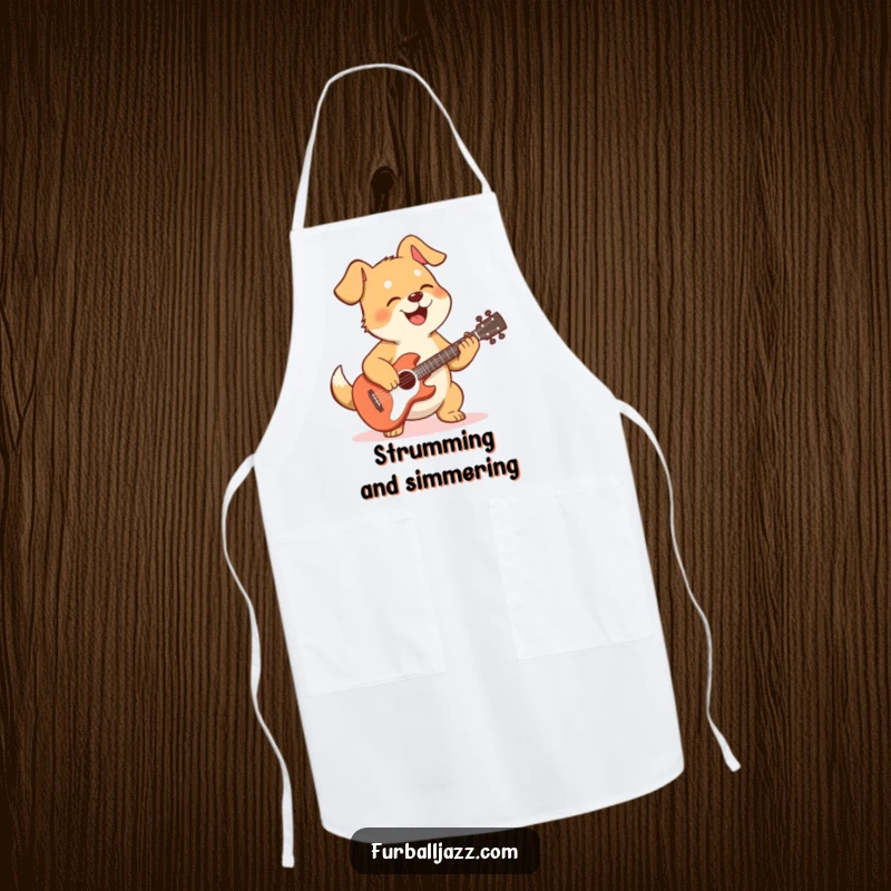 Funny dog apron showing a dog happily playing a guitar while cooking, adding musical fun to the kitchen.