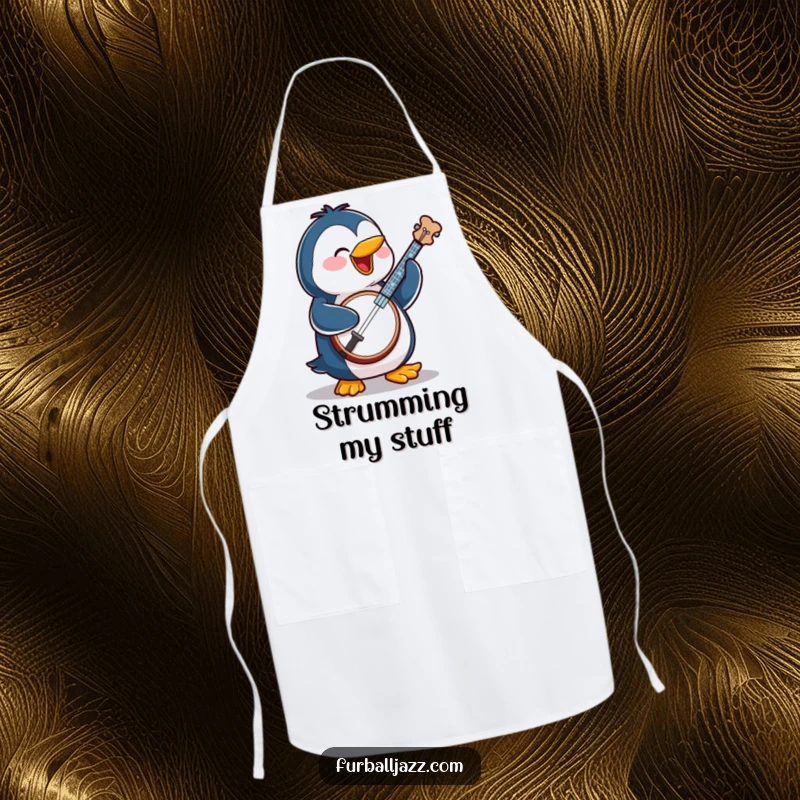 Funny penguin character playing a banjo, depicted on an apron for a humorous cooking experience.