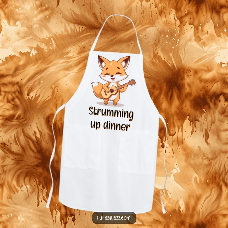 Funny fox character strumming a tiny, stylized guitar with glee, ready for culinary tunes in a funny apron.