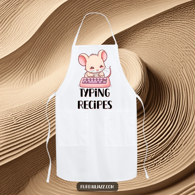 Funny mouse chef typing on an apron, a hilarious and functional kitchen accessory for tech lovers.