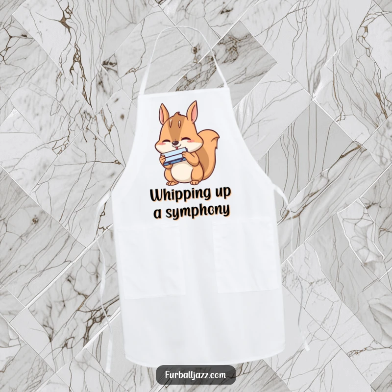 Funny squirrel apron featuring a happy squirrel intensely concentrating while playing a tiny harmonica, bringing musical fun to cooking.