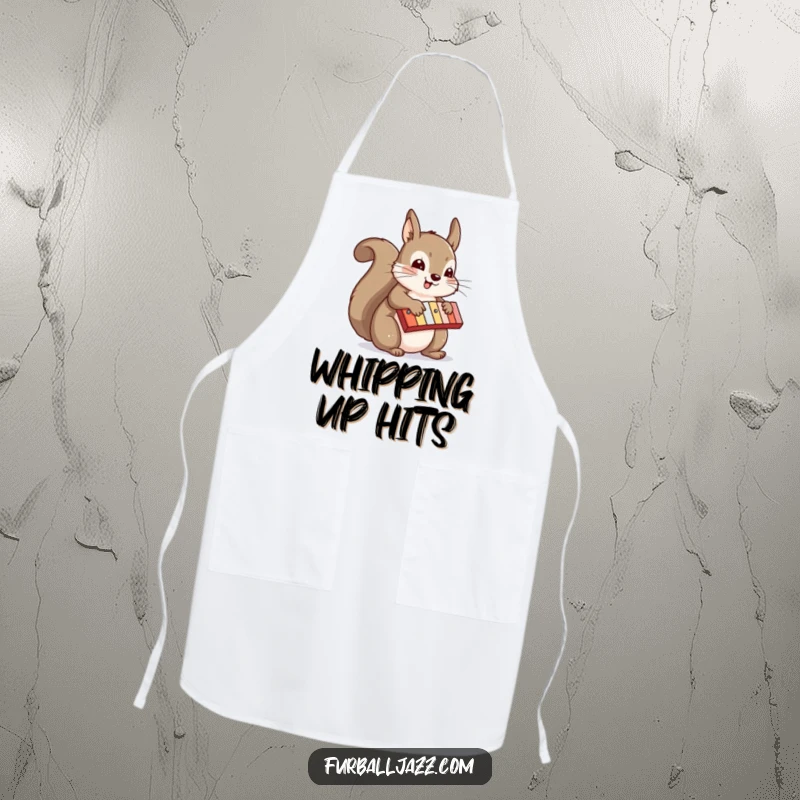 Funny squirrel chef wearing an apron, hilariously playing a xylophone while cooking, a funny kitchen gift.