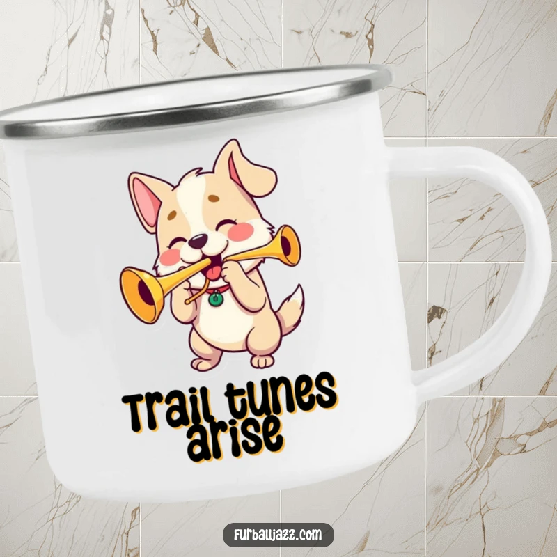 Funny dog playing trumpet with puffed cheeks, a durable and funny camping mug.