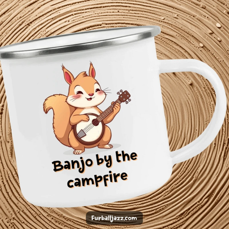 Funny squirrel playing a banjo on a camping mug, a humorous and durable companion for trips.