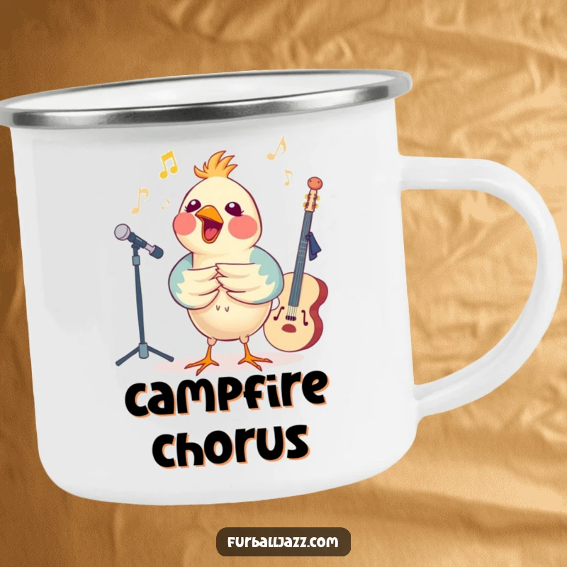 Funny bird singing with a jazz band on a camping mug, designed for outdoor musical enjoyment.