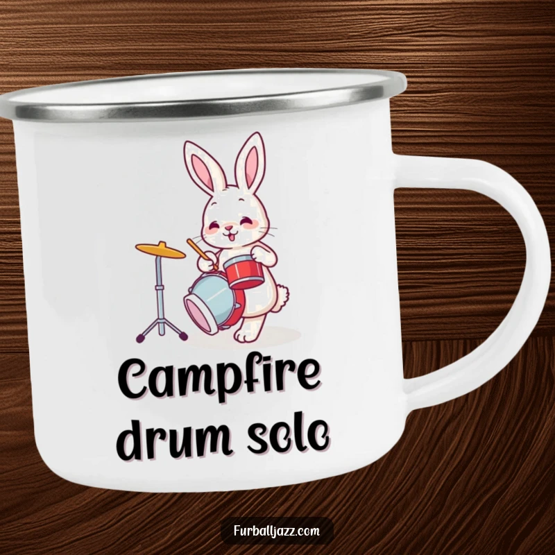 Funny bunny rabbit tapping its foot while playing drums, a durable and funny camping mug.