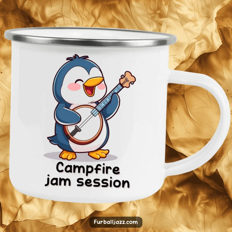 Funny penguin character playing a banjo in an outdoor setting, designed for durable camping use.