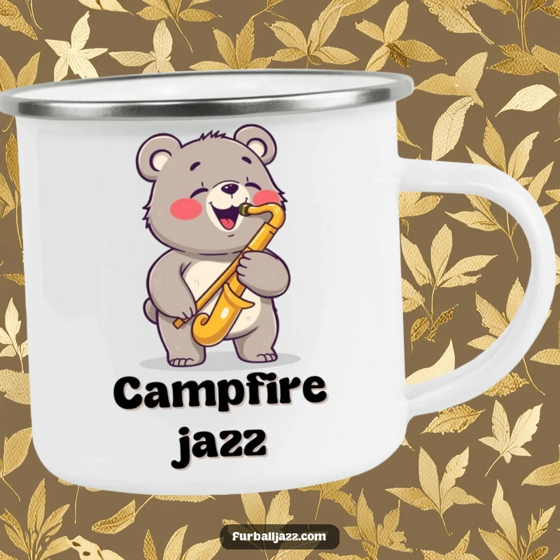 Funny bear camping mug showing a joyful bear playing a saxophone with a bluesy expression, a durable and humorous companion for outdoor jams.