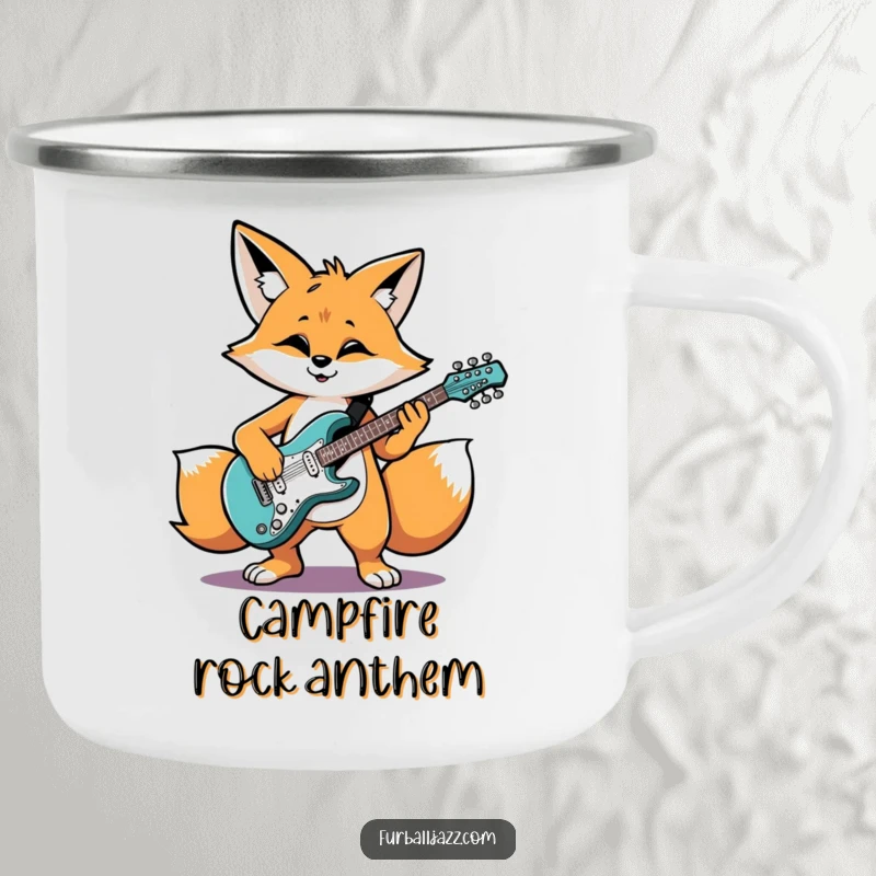 Funny fox grooving while playing an electric guitar, a durable and funny camping mug.