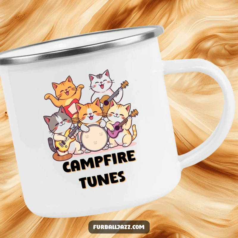 Funny cat camping mug showing a group of cats joyfully jamming together on various musical instruments.