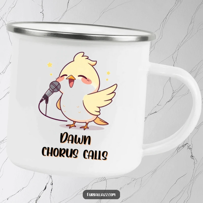 Funny Bird Microphone Camping Mug featuring a joyful bird singing into a microphone, perfect for outdoor music lovers.