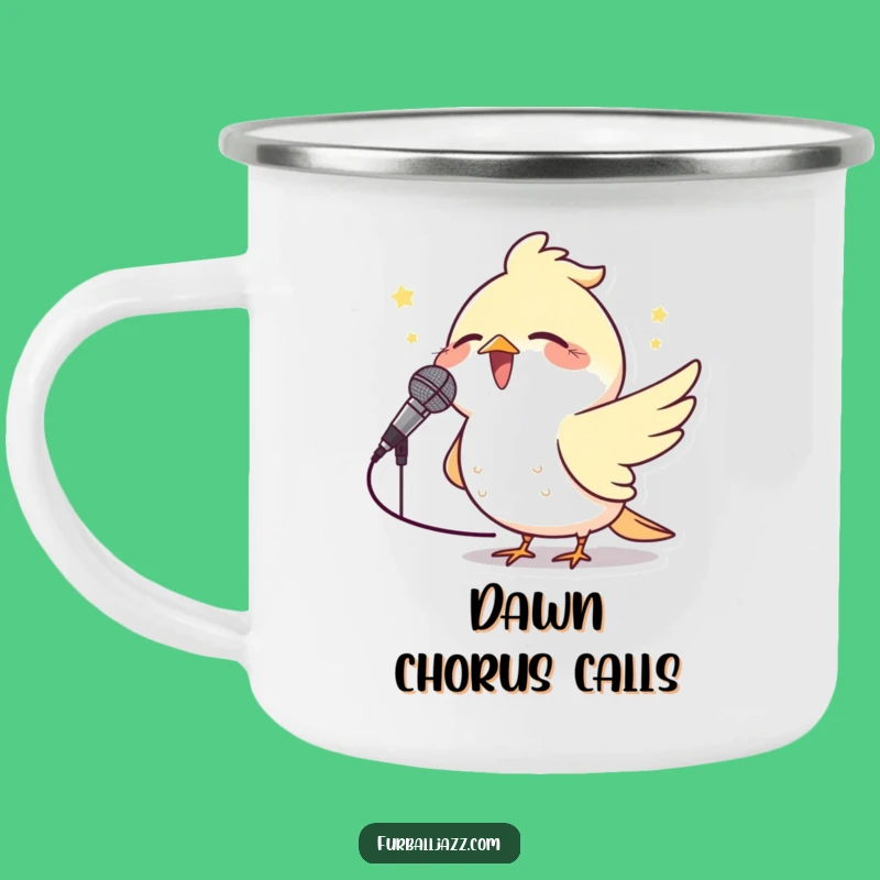 Funny Bird Microphone Camping Mug: Rugged Enamel Mug, Outdoor Singer Gift