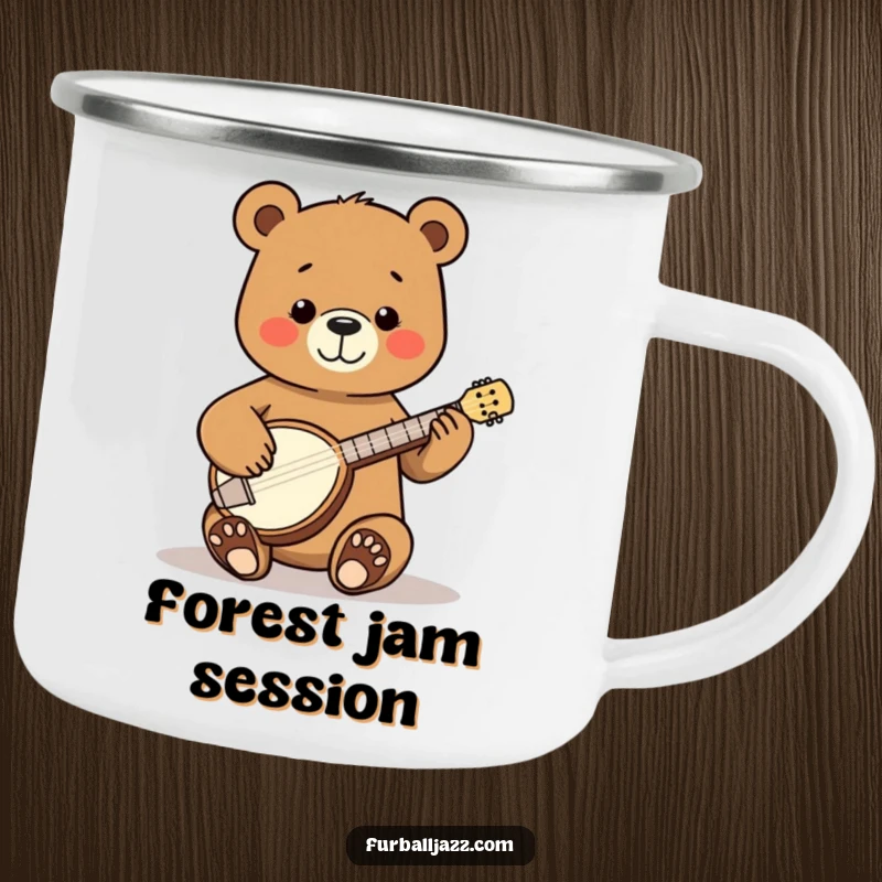 Funny Bear Banjo Camping Mug featuring a happy bear strumming a tiny banjo with pure joy, perfect for outdoor adventures.